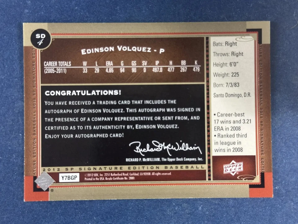 2012 SP Signature Edinson Volquez Autograph San Diego Padres - Image 2 of 2