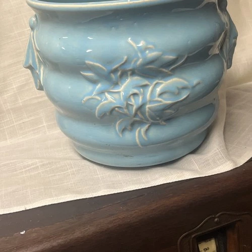 Vintage McCoy Pottery Planter Jardiniere Cachepot  Ribbons Tassels Handles Aqua