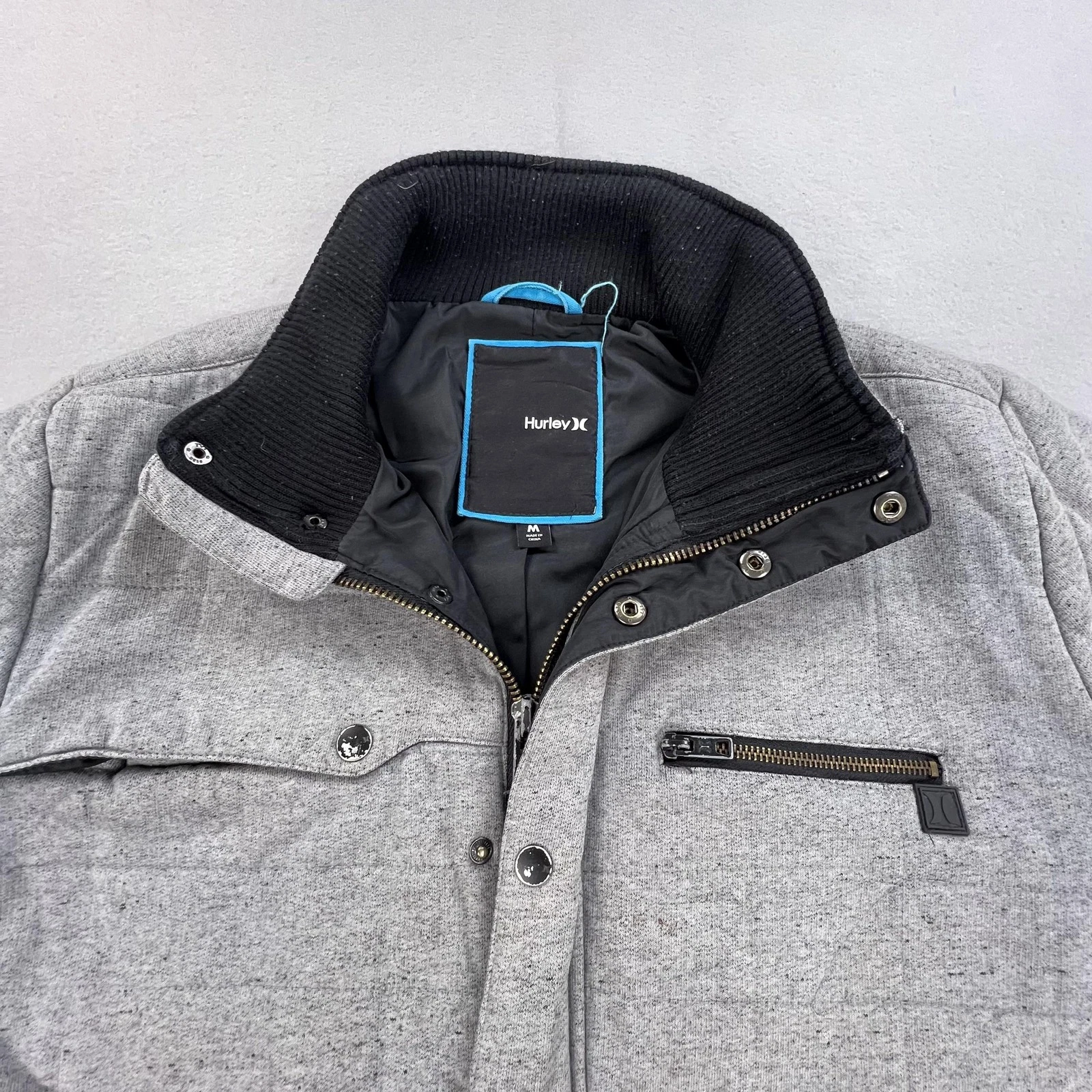 Hurley Jacket Mens Medium Gray Covert Quilted Snap Front Warm Casual Outerwear
