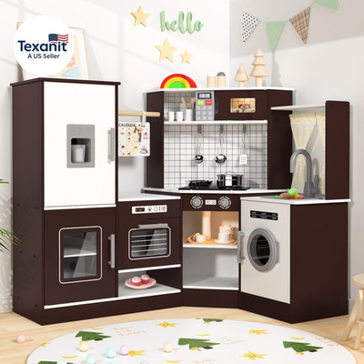 Corner Wooden Play Kitchen Set for Kids W/Lights & Sounds, Pretend Play Kitchen 