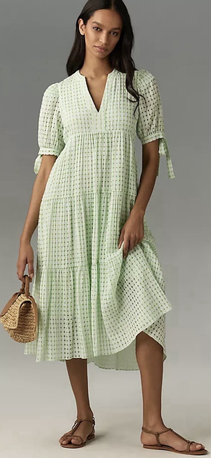 English Factory Light Green Gingham Tiered Midi Dress V-Neck Short Puff Sleeve S