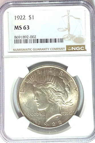 1922 $1 Peace Silver One Dollar US NGC MS63