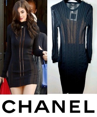 New Chanel 2022 2023 Black Slip Sweater Dress Set 36 38 4 6 Crystal CC Logo S M