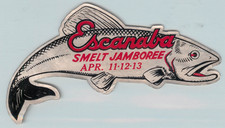 Smelt Jamboree ~ESCANABA MICHIGAN~ Amazing die-cut Luggage Label, c. 1940
