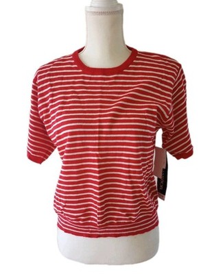 Vtg 90s Sweater Red White Stripe Nautical Coastal Short Sleeve Petite Medium