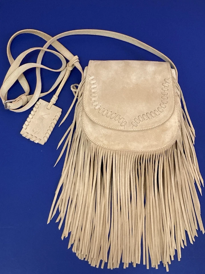 Polo Ralph Lauren LT Tan Sm Suede Fringe Detail Cross Body Bag Snap Close NWOT - Image 4 of 4