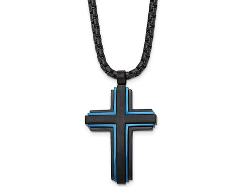 Mens Stainless Steel Blue \u0026 Black Cross 