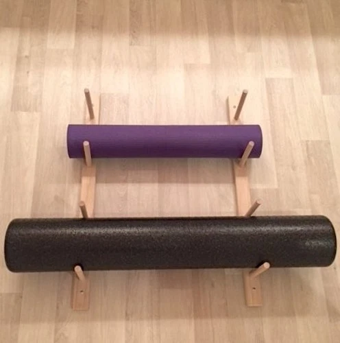 Classy Wood Foam Roller & Yoga Mat Storage Rack. Easy Wall Mount