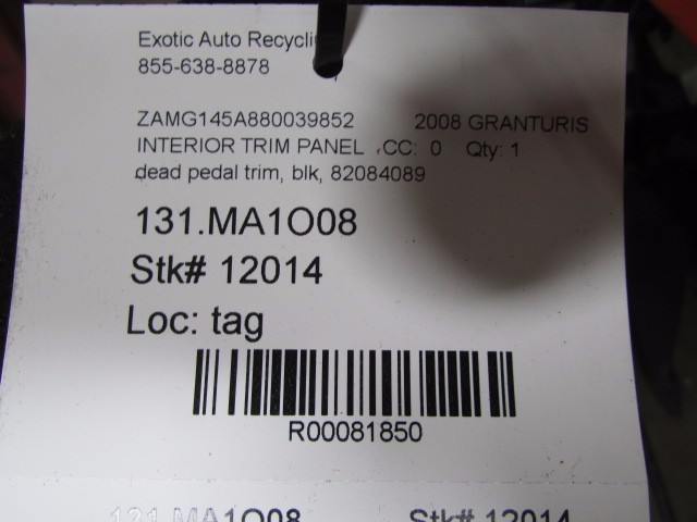 Maserati Granturismo, LH, Left, Driver's Side Foot Rest, Black Used P/N 82084089
