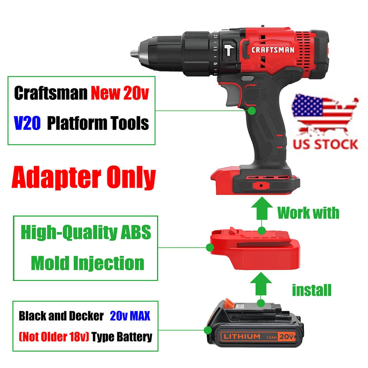 1x Adapter Black & Decker 20V MAX Li-Ion Battery To Craftsman V20