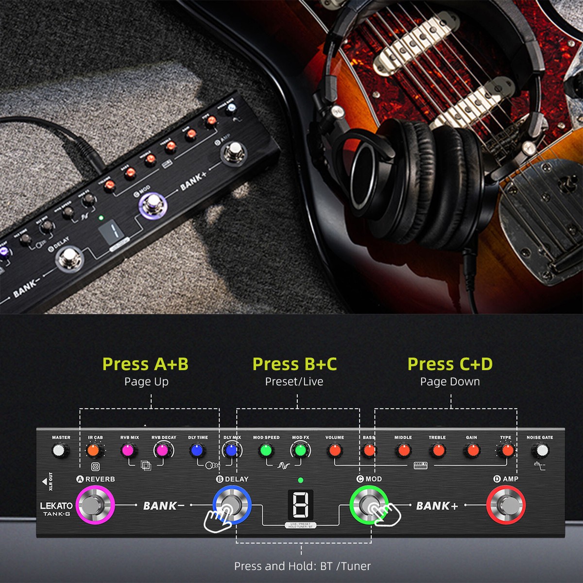 LEKATO Pédale De Guitare Multi-effets, 36 Préréglages Modifiables, Chœur, Retard, Reverbe, MOD, Recharge IR, Enregistrement, Tuner, Batterie Intégrée, Connexion BT (guitare électrique