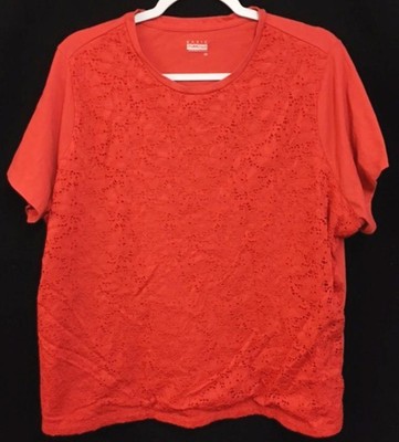 Basic editions 2X red crew neck lace panel short sleeve plus stretch top