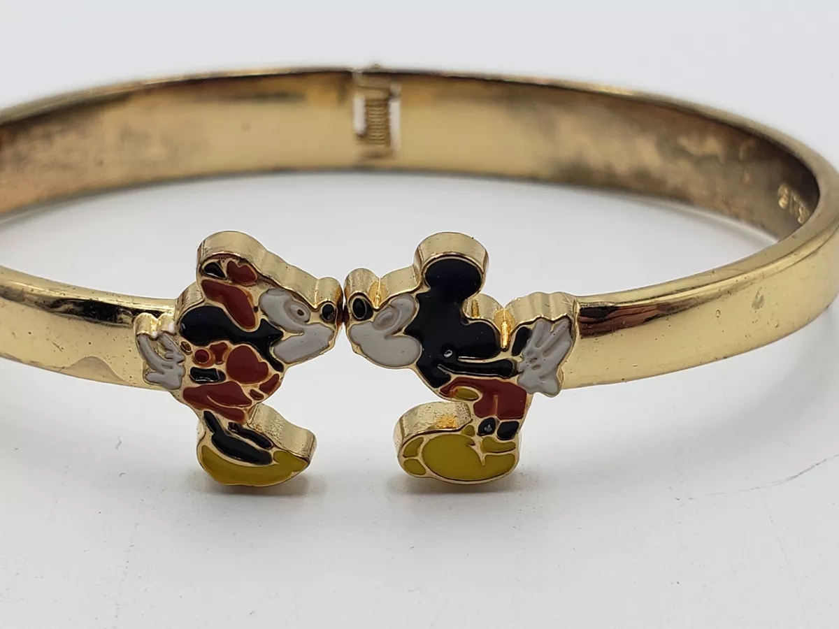 Disney Parks Mickey Minnie Kissing Hinged Bangle Bracelet Gold Tone Couture