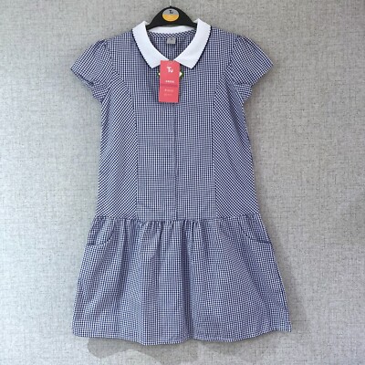 Mädchen Alter 9 Schulkleid blau & weiß Gingham Karo Uniform Kurzarm Reißverschluss