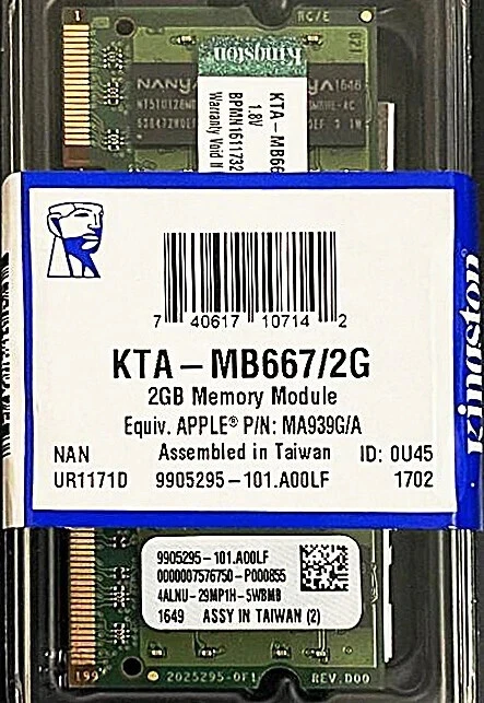 KINGSTON 2GB KTA-MB667/2G  9905295-101.A00LF 1.8V - RAM   x 2 Pcs - Image 2 of 3