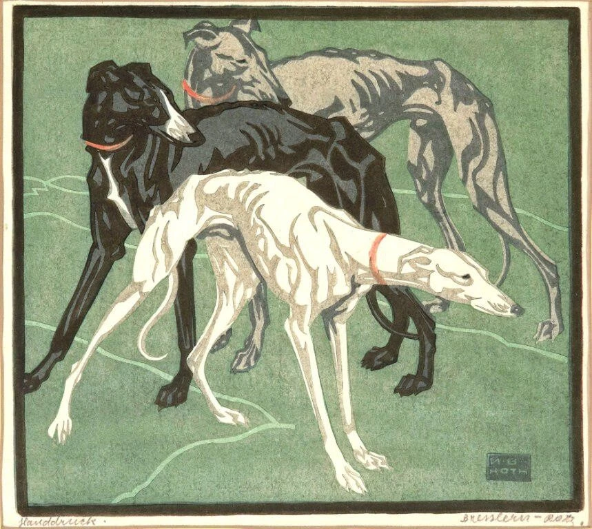 Greyhounds by Norbertine Bresslern-Roth – 1926 Linocut Animal Print to Frame - Image 2 of 2