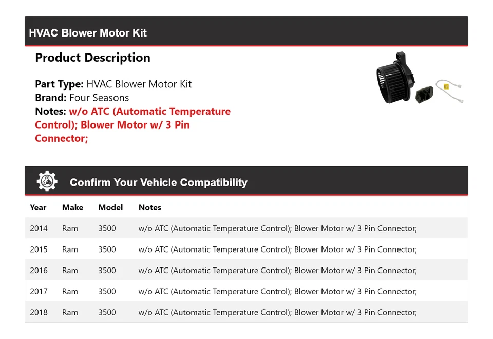 适用于 2014 - 2018 Ram 3500 HVAC 吹风机电机套件 2015 年 4 季 2016 2017 — 第 2/3 张图片