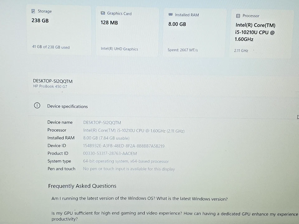 HP Probook 450 G7, i5-10210U, 15.6" FHD display, 8GB RAM,256GB SSD, Win11 - Image 3 of 4