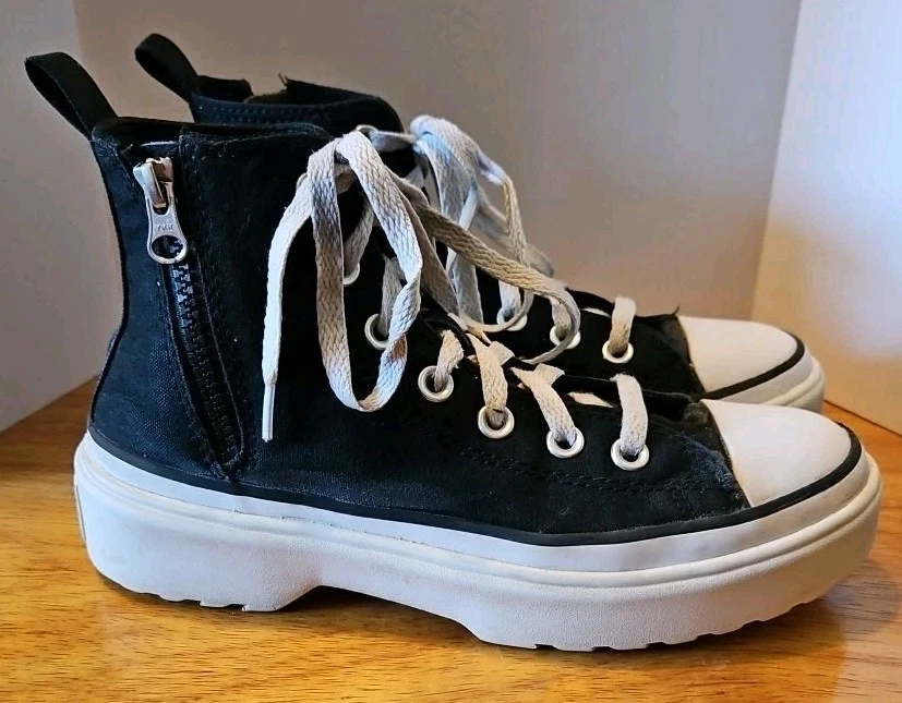 Chuck Taylor Converse All Star Kids Sz 4 Black White Zip Hi Top Lace Up Sneakers - Image 2 of 4