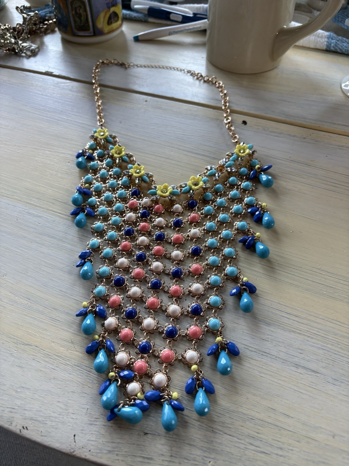 Multicolor Beaded Statement Bib Necklace with Tea… - image 1