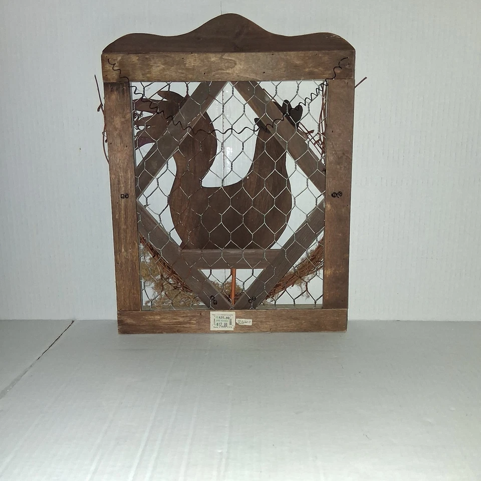 Rustic Country Carved Wood Rooster Chicken Wire Framed Wall Picture 3D 16 x12 - Image 2 of 3