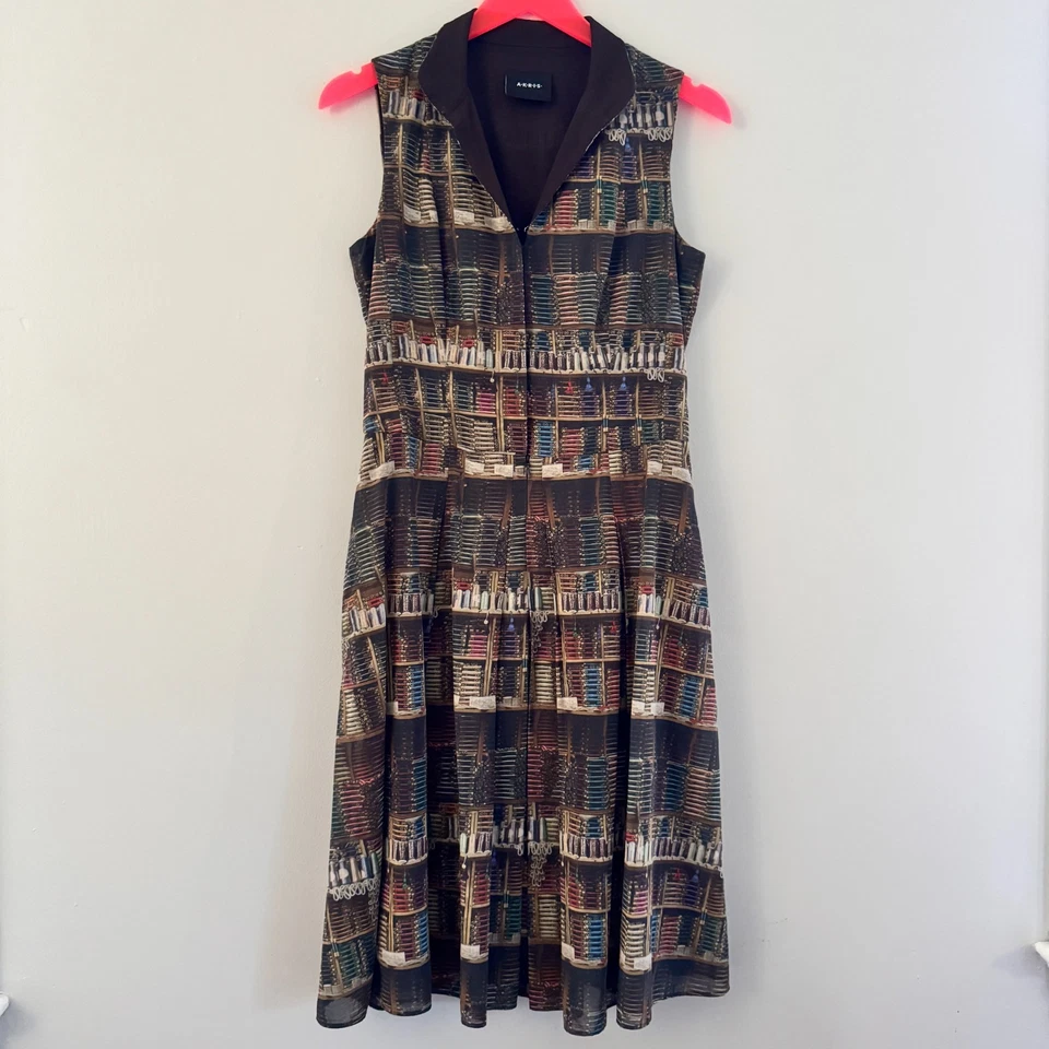 Vestido AKRIS Marrón HILO DE COSER Estampado HUESO Midi Plisado Biblioteca Libro Diseñador 8 Foto 4 de 4