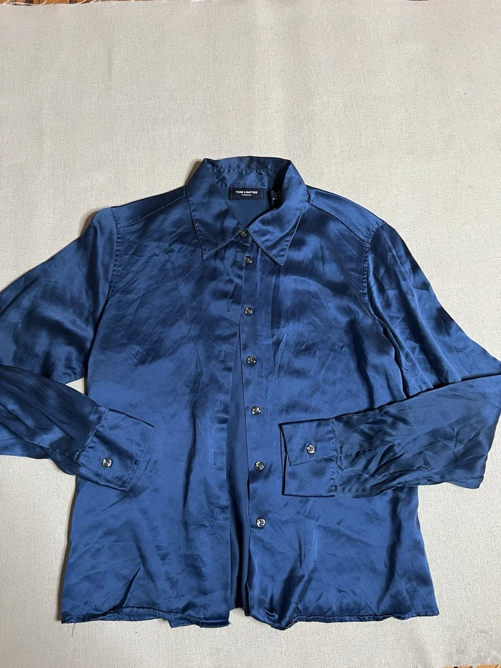 Blusa para mujer The Limited America azul 100 % seda con botones. Talla pequeña Foto 3 de 4