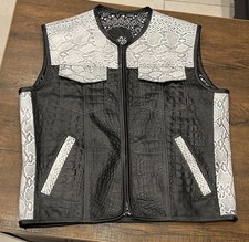 Real Leather Black Embossed Vest with White Skin Detail, Biker Style, Motorcycle