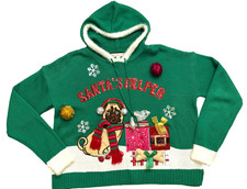 Its Our Time Christmas Sweater Size M Green Pug Dog Santas Helper Hood Bows NWT