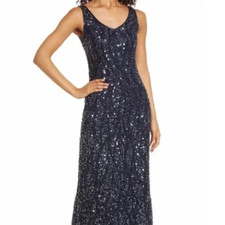 Pisarro Nights Sequin Bead Sleeveless Gown, Size 8 Navy