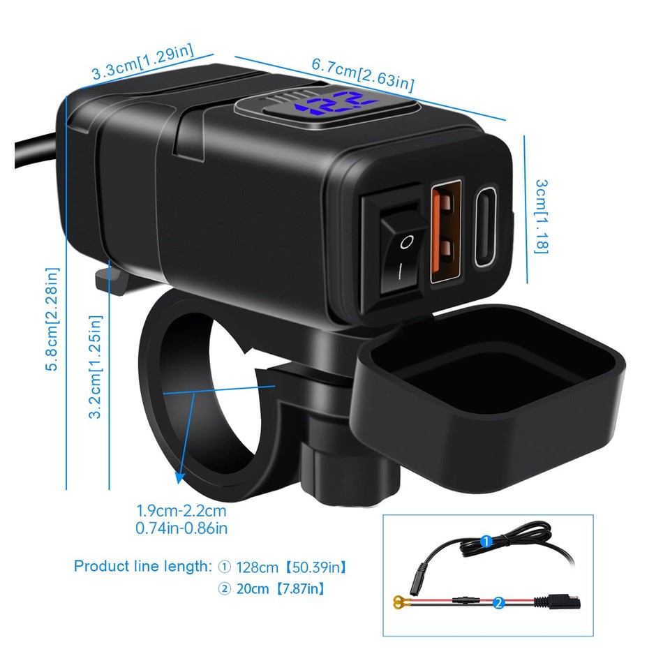 Heagstat Motorrad USB Ladegerät – SAE Auf USB-C/USB-A, Mit Voltmeter & Ein-/Ausschalter, PD3.0/QC3.0