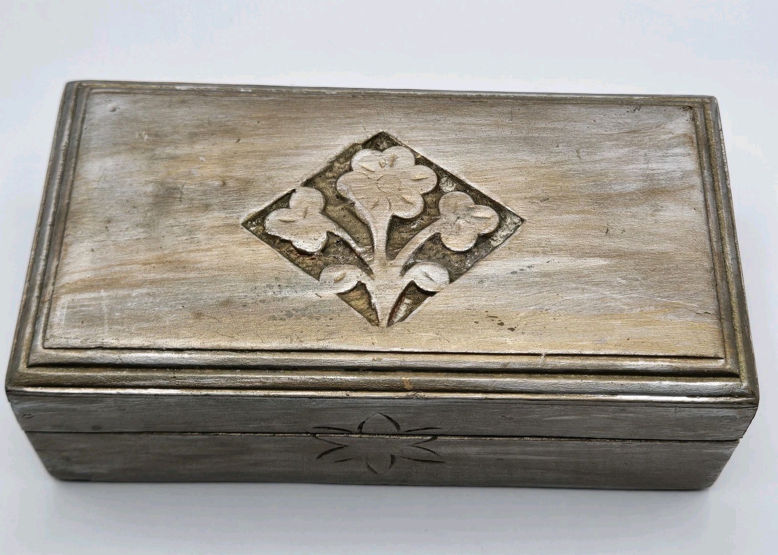 Rustic Carved Wood Trinket Box Vintage Distressed Jewelry Storage Keepsake Chest