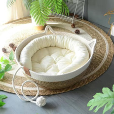 Lettino per Gatti in Rattan Con Cuscino E Cuscino in Cotone, Cestino in Vimini C