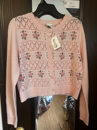 Freshman 1996 Crop Sweater Juniors Sz L  Pink With Roses NWT