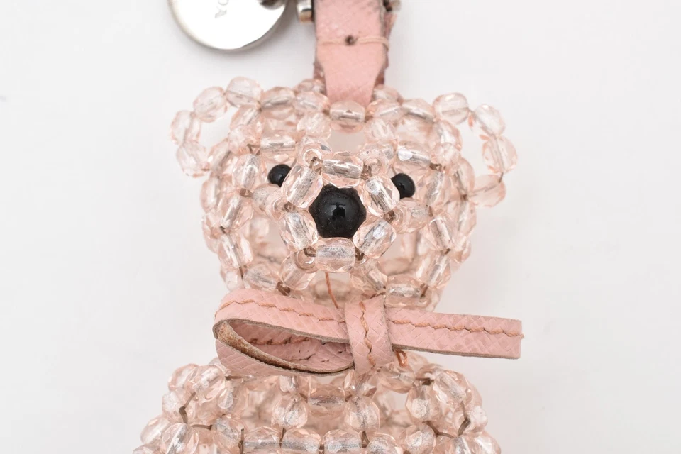 PRADA Key ring chain Bag Charm Pink Teddy Bear Crystal Beads Silver Logo Plate - Image 3 of 4
