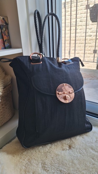mimco turnlock Rose Gold Coloured Metal Tote Black Fabric Hand bag Ladies