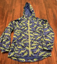 LL Bean Hooded Rain Jacket Youth 8 Blue Green Alligator Print- Great