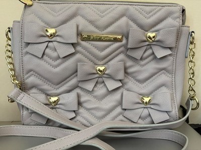 Betsy Johnson Quilted Chevron Shoulder Bag With Bow & Heart Accents Light Gray