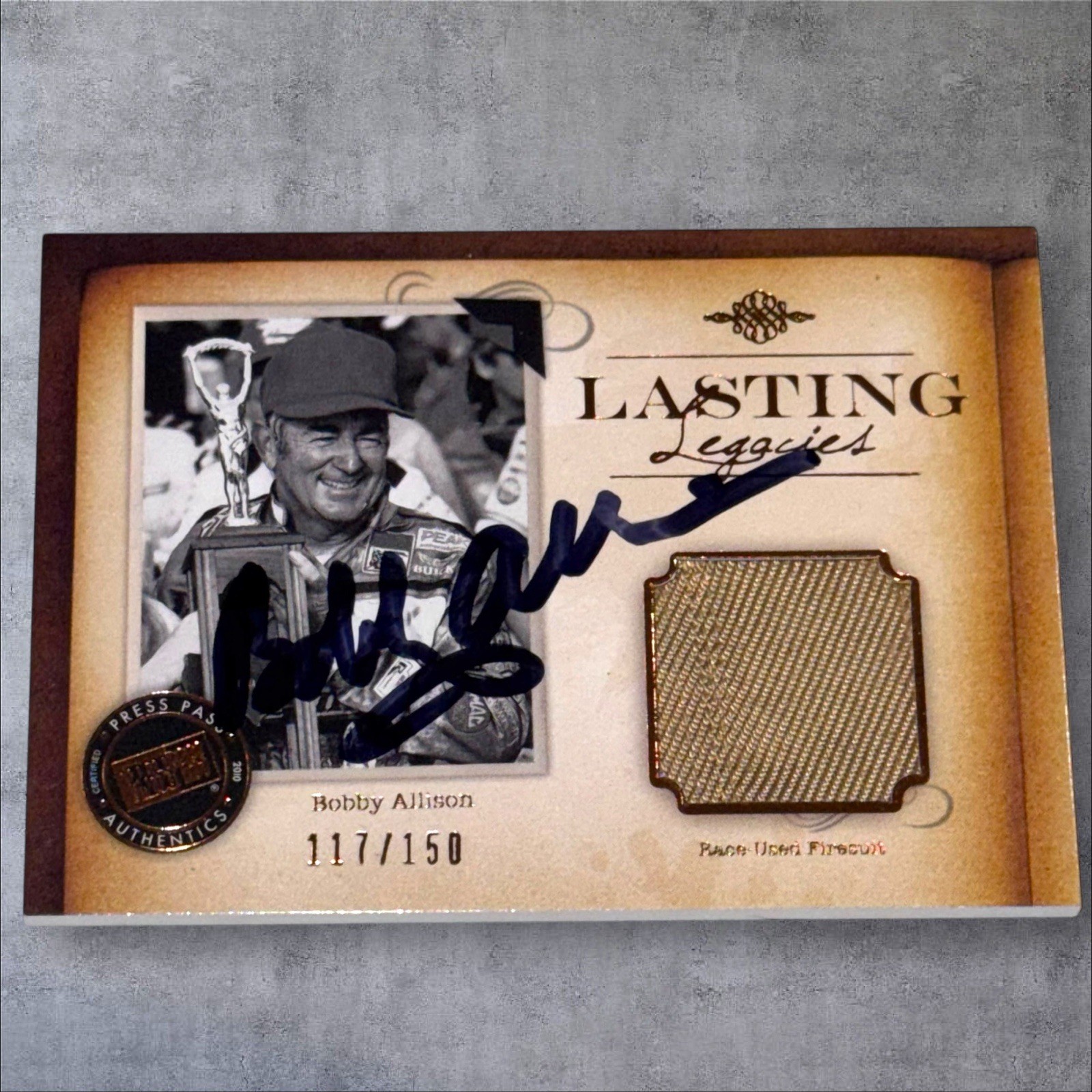 Bobby Allison Autographed Signed Bobby Allison Motorsports LASTING LEGACIES PRESS PASS RACE USED SUIT #117/150 card 