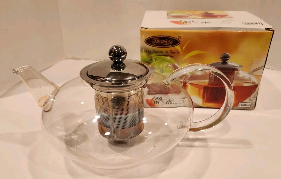 Tetera de vidrio transparente verde/negro resistente al calor acero inoxidable Premiers 1400 ml Foto 3 de 4