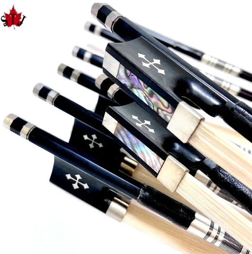 Venta al por mayor 10 piezas arcos de violín de fibra de carbono negros 4/4, cola de caballo blanca