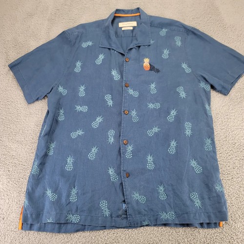 Tommy Bahama Hemd Herren XL Blau Ananas All Over Print Leinen Orginal FIt Camp