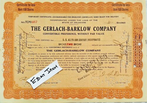 1929 ausgestelltes AKTIENZERTIFIKAT Delaware Gerlach Bartlett Company Joliet Illinois - Bild 1 von 3