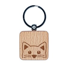 Peeking Cat Engraved Wood Square Keychain Tag Charm