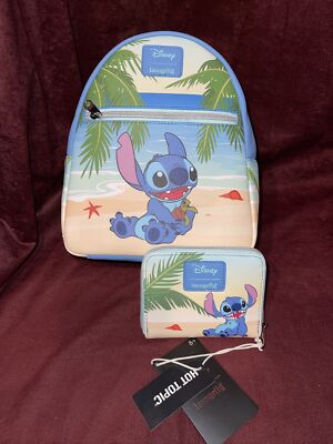 Loungefly Disney Stitch Turtle Mini Backpack Purse Wallet Set New