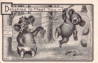 1911 Anthropomorphic Comic Postcard-Humanized Bears-Delighted to Meet You-Bees
