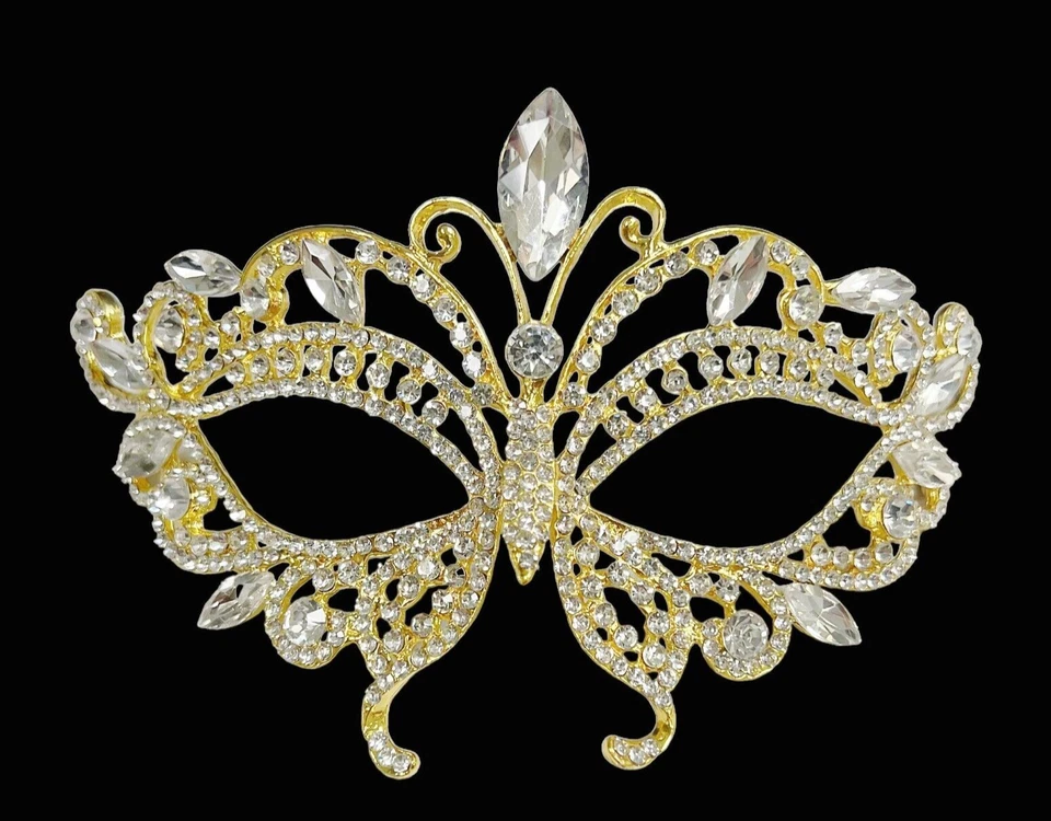 14K Gold Masquerade Mask, Wedding Mask, Butterfly Crystal Mask, Mardi Gras Mask - Image 3 of 4