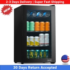 100-Can Beverage Cooler with Glass Door and LED Light Black Stainless Steel