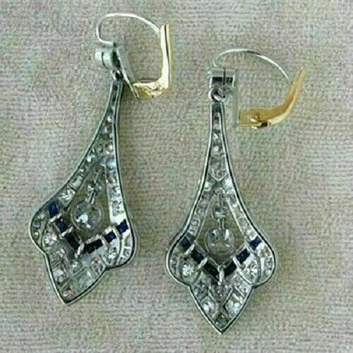 Orecchino 3ct argento 925 stile Art Déco diamante e zaffiro creato in laboratorio - Foto 3 di 4