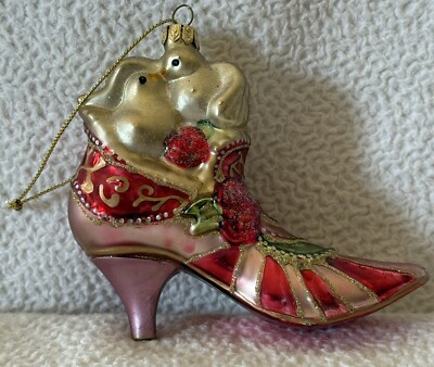 Two Lovebirds Intertwined in a Victorian Shoe Christmas Ornament Blown Glass